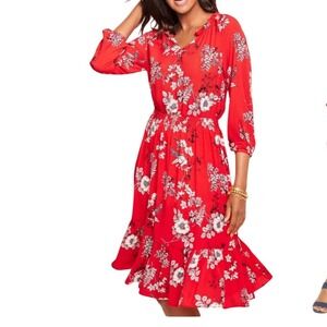 Talbots Women Red Floral Print 3/4 Sleeve Midi Dress Size L V-Neck Elastic Waist